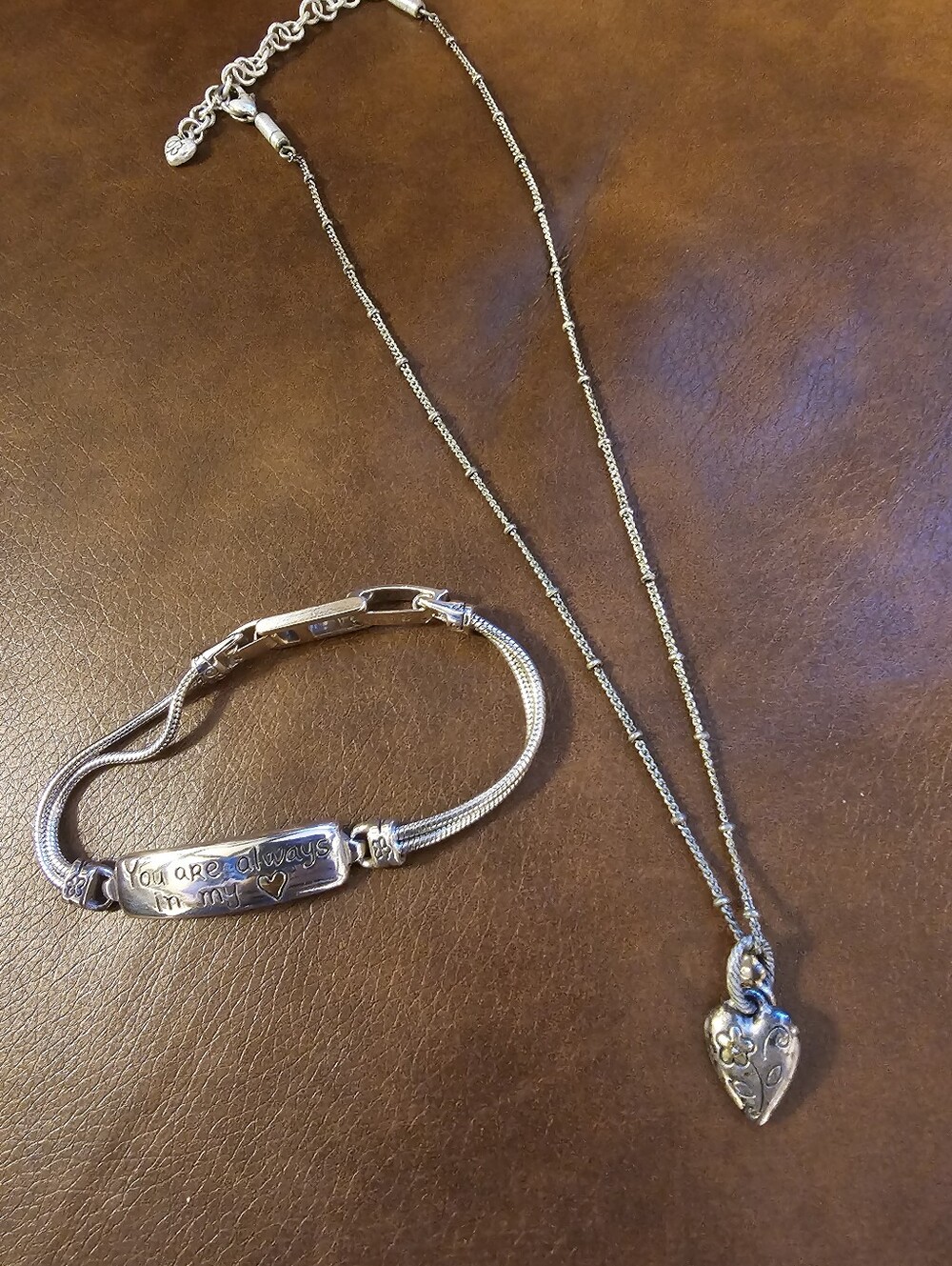 Brighton Silver Heart Pendant Double Chain Necklace and Bracelet